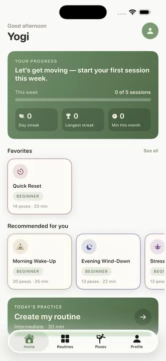 Home screen showing streak, weekly progress, and today's practice