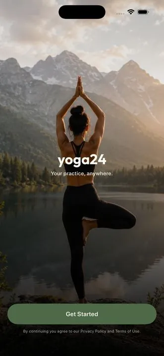 Active session screen with pose photo, timer, and breath cue