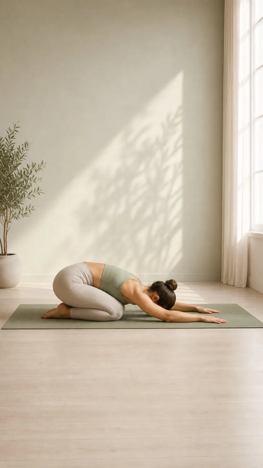 Linda resting in Child's Pose during bedtime yoga