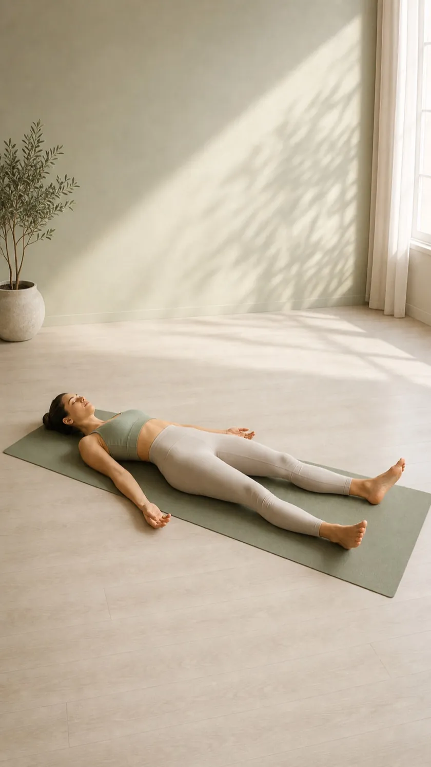 Linda lying in Corpse Pose at the end of bedtime yoga