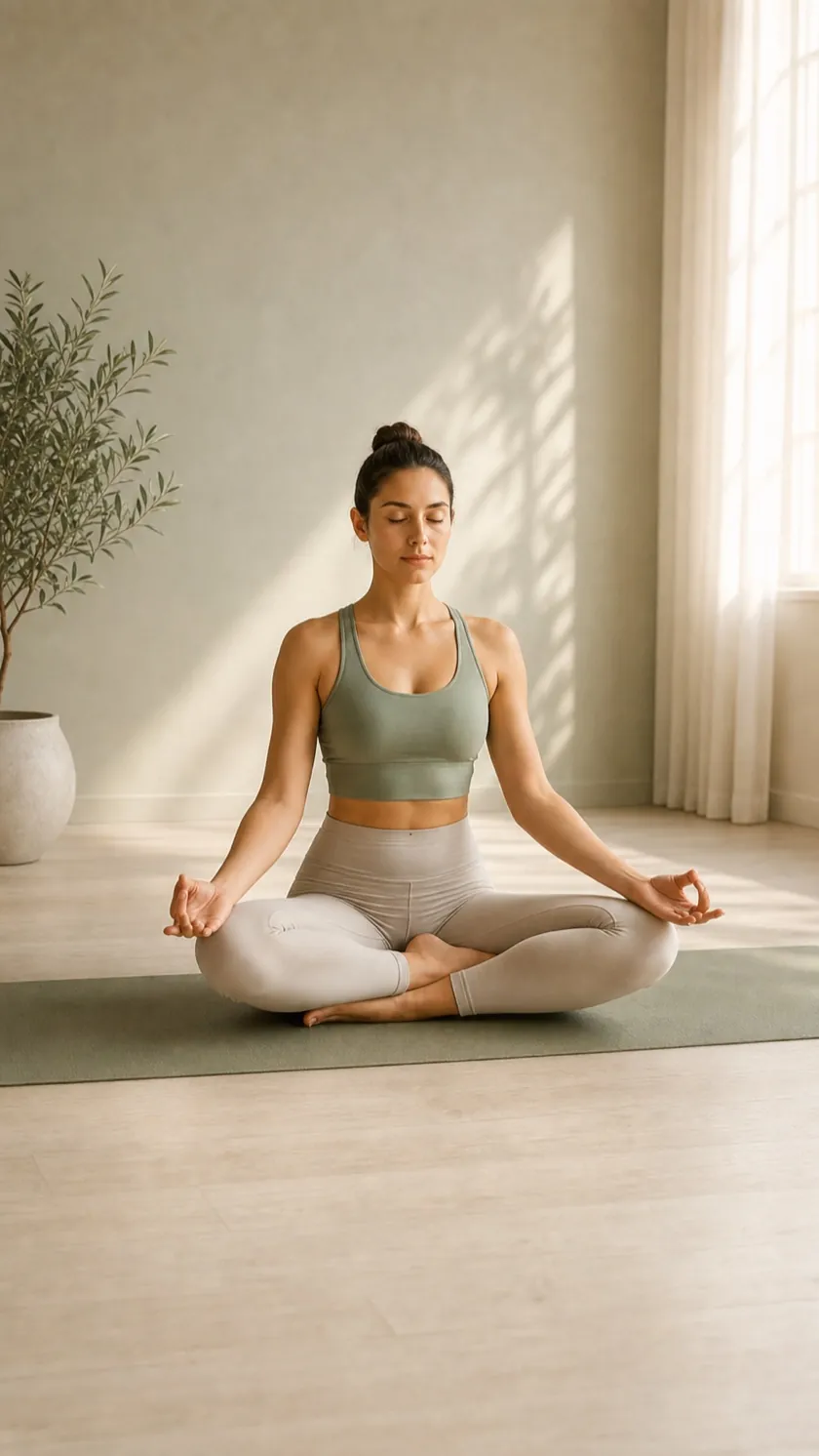 Linda sitting cross-legged in Easy Pose for a bedtime yoga routine
